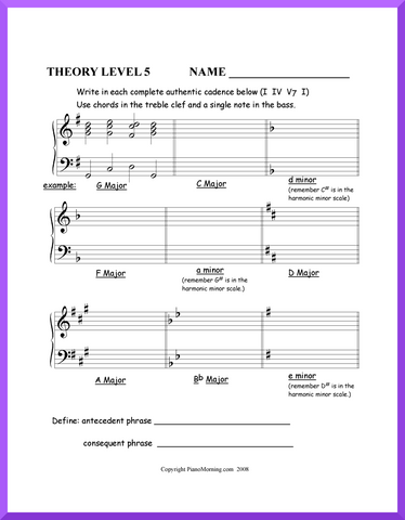 Level 5 Theory     Authentic Cadence  I IV V I